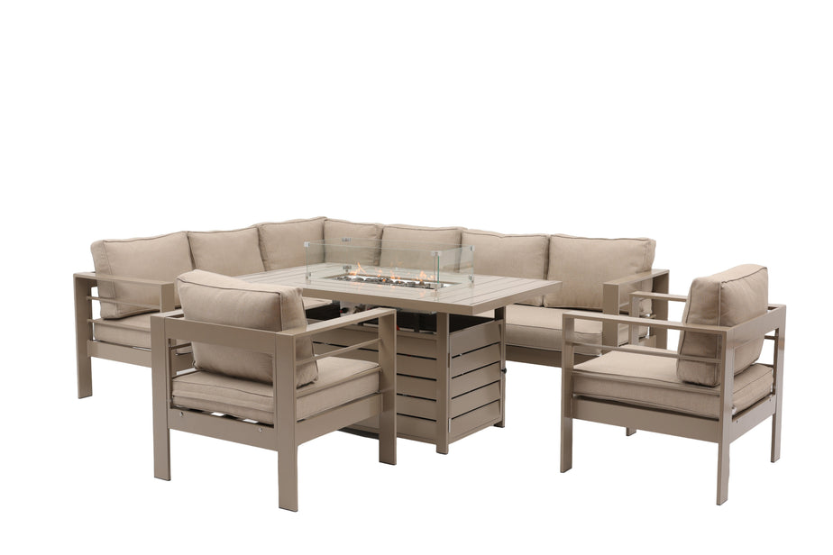 Aluminium Left-Hand Corner Garden Sofa Set with Fire Pit Table & Armchairs - Taupe / Natural