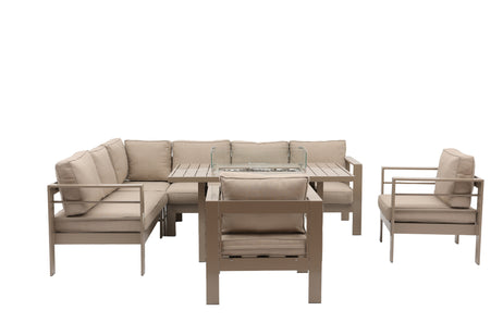 Aluminium Left-Hand Corner Garden Sofa Set with Fire Pit Table & Armchairs - Taupe / Natural