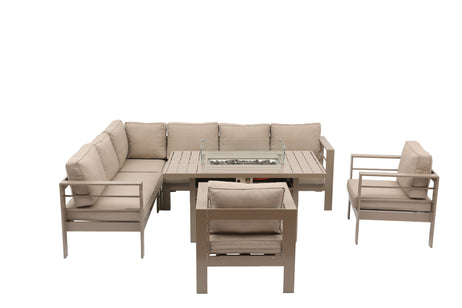 Aluminium Left-Hand Corner Garden Sofa Set with Fire Pit Table & Armchairs - Taupe / Natural