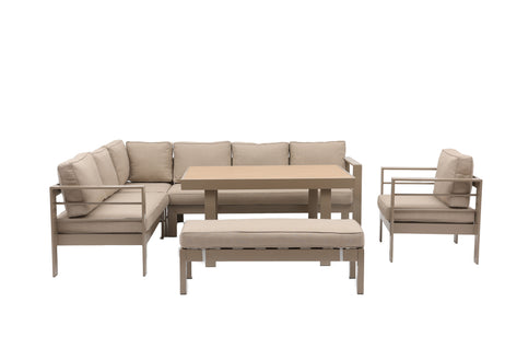 Aluminium Left Hand Corner Garden Sofa & Dining Set with Bench - Taupe / Natural
