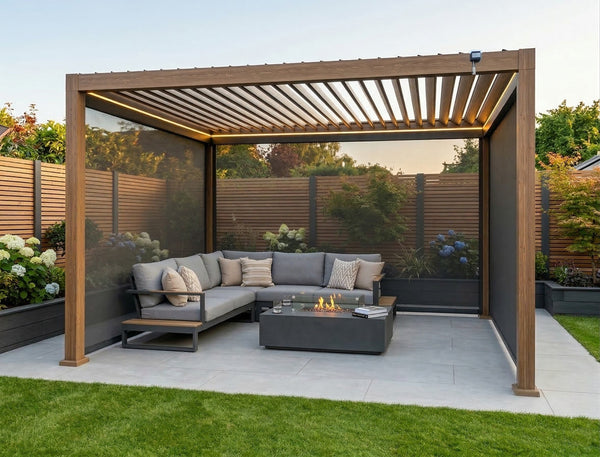 LuxShade™ 3x4m Aluminium Pergola - LEDs, Double-Layer Louvres & 3 Windscreens - Oak Effect