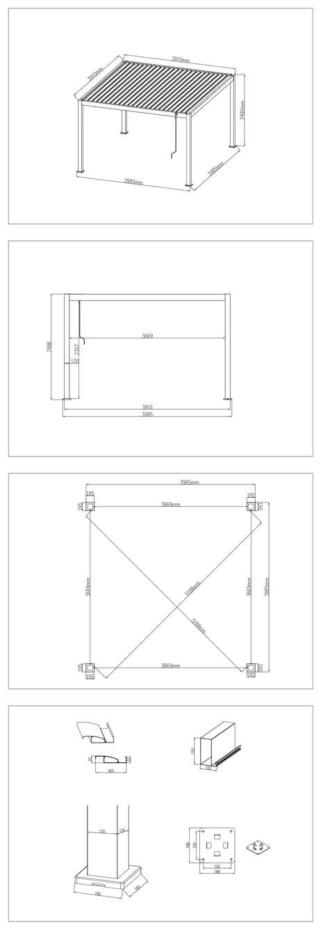 LuxShade™ 4x4m Aluminium Pergola with LEDs, Double-Layered Louvred Roof & 3 Blinds