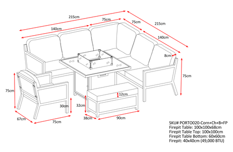 Porto Aluminium Corner Sofa, Chair, Bench with Ceramic Fire Pit Table Set in Grey