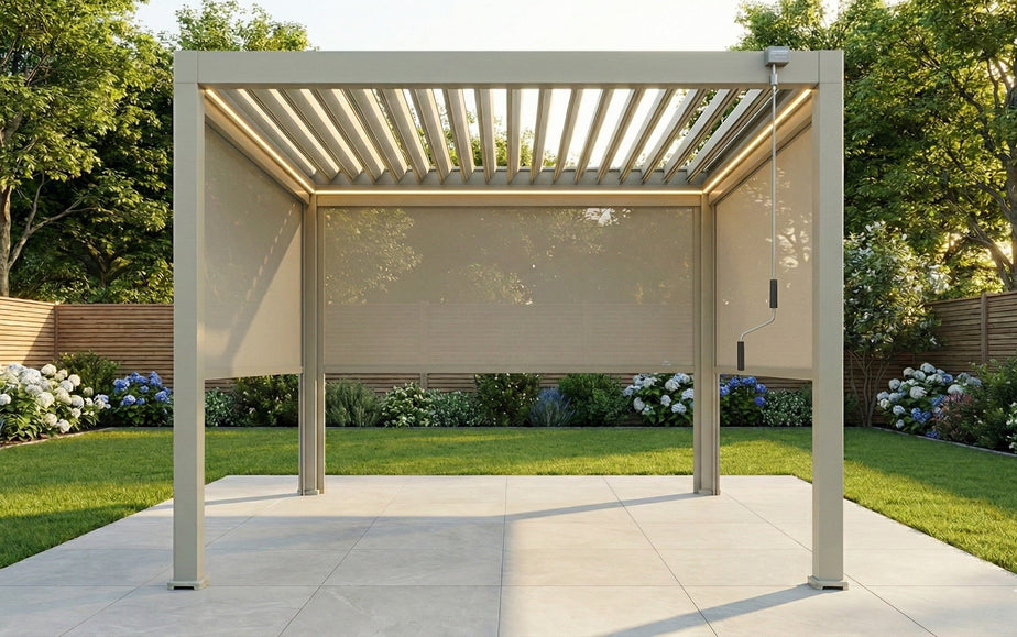 LuxShade™ 3x3m Pebble Aluminium Pergola with LEDs, Double-Layered Roof & 3 Blinds