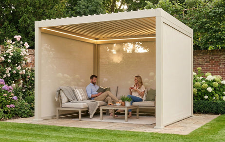 LuxShade™ 3x3m Pebble Aluminium Pergola with LEDs, Double-Layered Roof & 3 Blinds