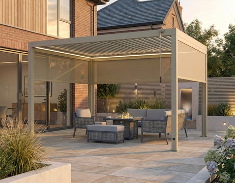 LuxShade™ 3x4m Pebble Aluminium Pergola with LEDs, Double-Layered Roof & 3 Blinds