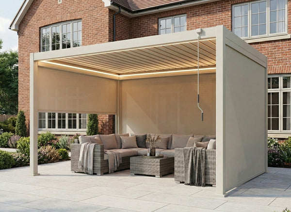 LuxShade™ 3x4m Pebble Aluminium Pergola with LEDs, Double-Layered Roof & 3 Blinds