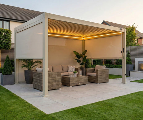 LuxShade™ 3x4m Pebble Aluminium Pergola with LEDs, Double-Layered Roof & 3 Blinds
