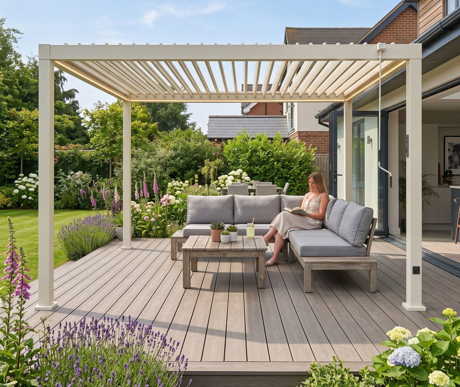 LuxShade™ 3x4m Pebble Aluminium Pergola with LEDs, Double-Layered Roof