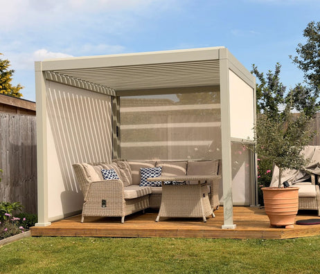 LuxShade™ 3x3m Pebble Aluminium Pergola with LEDs, Double-Layered Roof & 3 Blinds