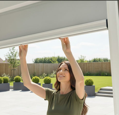 LuxShade™ 3x3m Pebble Aluminium Pergola with LEDs, Double-Layered Roof & 3 Blinds