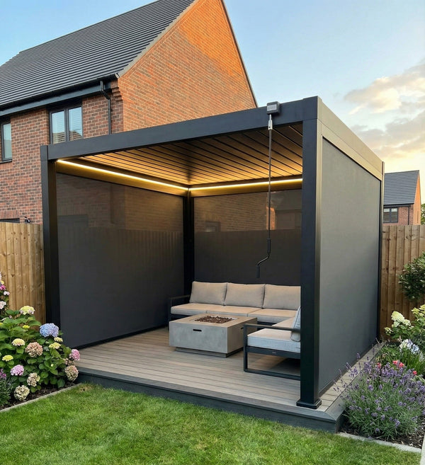 LuxShade™ 3x3m Aluminium Pergola with LEDs, Double-Layered Louvred Roof & 3 Blinds