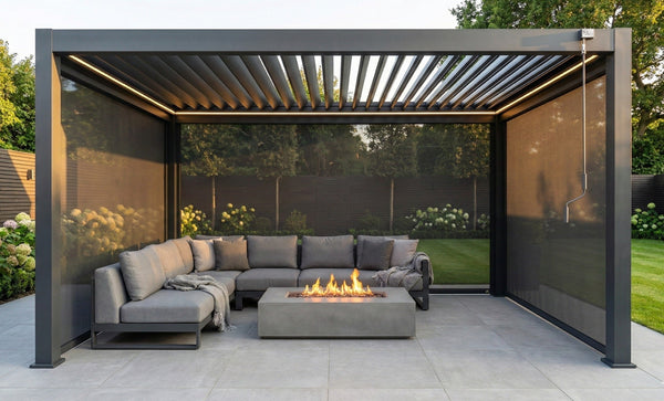 LuxShade™ 3x4m Aluminium Pergola with LEDs, Double-Layered Louvred Roof & 3 Blinds
