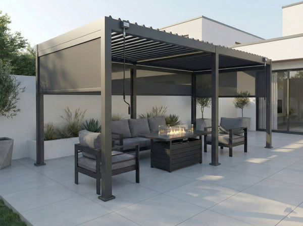 LuxShade™ 3x6m Aluminium Pergola with LEDs, Double-Layered Louvred Roof & Blinds