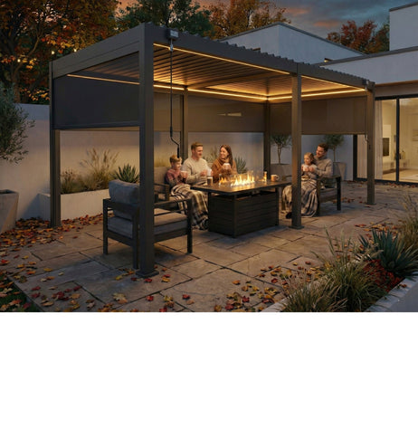 LuxShade™ 3x6m Aluminium Pergola with LEDs, Double-Layered Louvred Roof & Blinds