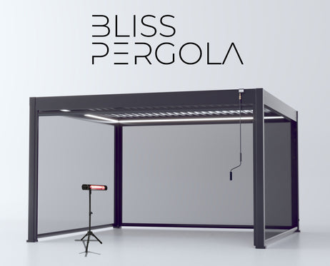 LuxShade™ 4x4m Aluminium Pergola with LEDs, Double-Layered Louvred Roof & 3 Blinds