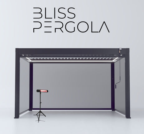 LuxShade™ 4x4m Aluminium Pergola with LEDs, Double-Layered Louvred Roof & 3 Blinds
