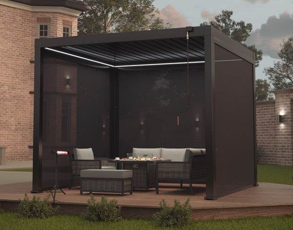 LuxShade™ 3x3m Aluminium Pergola with LEDs, Double-Layered Louvred Roof & 3 Blinds