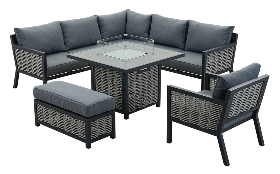 Porto Aluminium Corner Sofa, Chair, Bench with Ceramic Fire Pit Table Set in Grey