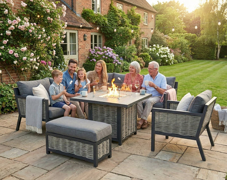 Porto Aluminium Corner Sofa, Chair, Bench with Ceramic Fire Pit Table Set in Grey