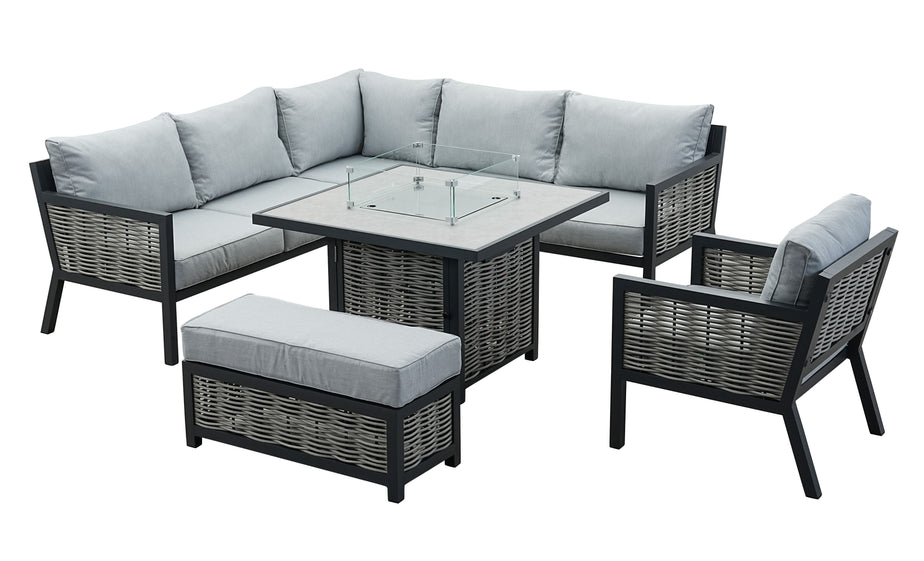 Porto Aluminium Corner Sofa, Chair, Bench with Ceramic Fire Pit Table Set in Light Grey
