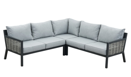 Porto Aluminium Corner Sofa, Chair, Bench with Ceramic Fire Pit Table Set in Light Grey