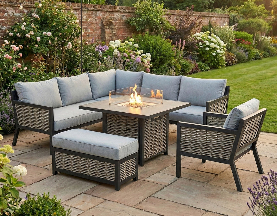 Porto Aluminium Corner Sofa, Chair, Bench with Ceramic Fire Pit Table Set in Light Grey