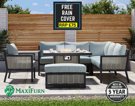 Porto Aluminium Corner Sofa, Chair, Bench with Ceramic Fire Pit Table Set in Light Grey