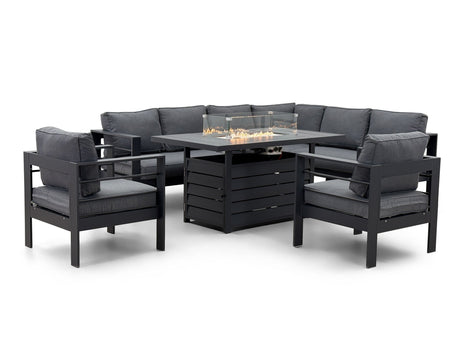 Aluminium Right Hand Corner Garden Sofa Set with Fire Pit Table & Armchairs - Grey