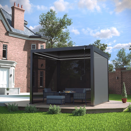 LuxShade™ 3x3m Aluminium Pergola with LEDs, Double-Layered Louvred Roof & 3 Blinds
