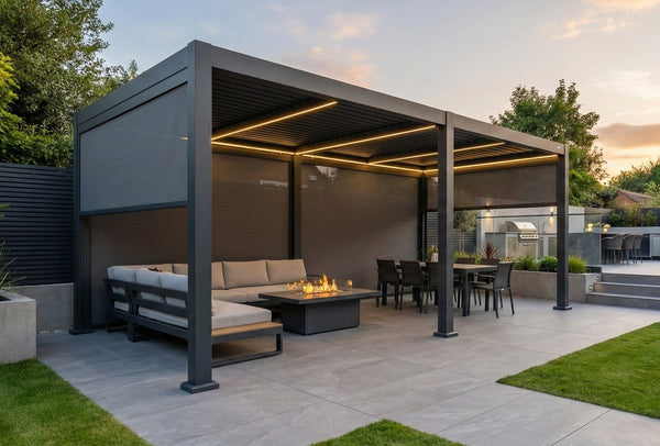 SplitZone™ 3x6m Grey Aluminium Pergola with LEDs, Mid-Beam Louvred Roof & Blinds