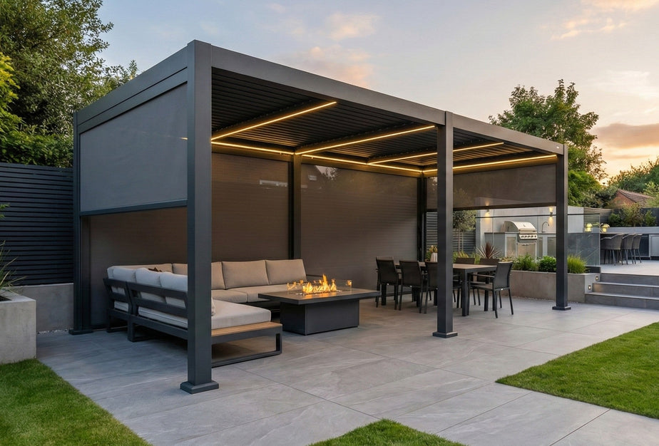 SplitZone™ 3x6m Grey Aluminium Pergola with LEDs, Mid-Beam Louvred Roof & Blinds