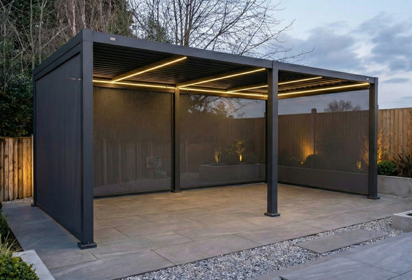 SplitZone™ 3x6m Grey Aluminium Pergola with LEDs, Mid-Beam Louvred Roof & Blinds