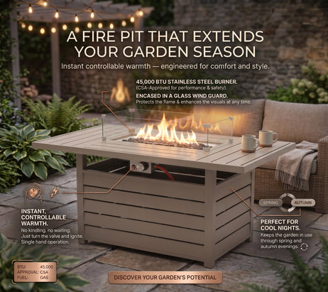 Aluminium Right-Hand Corner Garden Sofa Set with Fire Pit Table & Armchairs - Taupe / Natural
