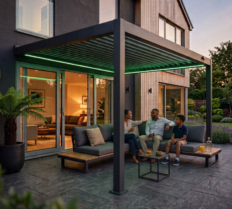 EdgeShade™ 3m x 4m Wall-Mounted Aluminium Pergola, Louvred Roof, RGBW LEDs & 3 Zip Windscreens - Grey