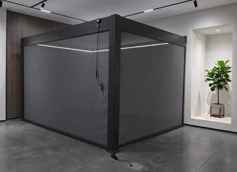 EdgeShade™ 3m x 4m Wall-Mounted Aluminium Pergola, Louvred Roof, RGBW LEDs & 3 Zip Windscreens - Grey