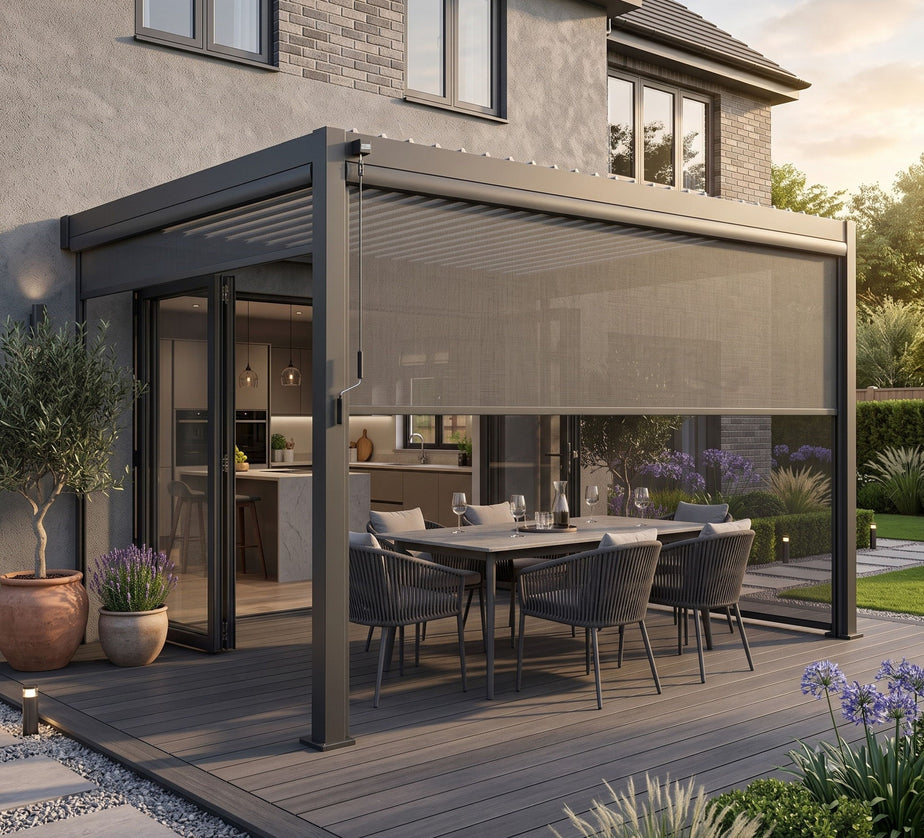 EdgeShade™ 3m x 4m Wall-Mounted Aluminium Pergola, Louvred Roof, RGBW LEDs & 3 Zip Windscreens - Grey