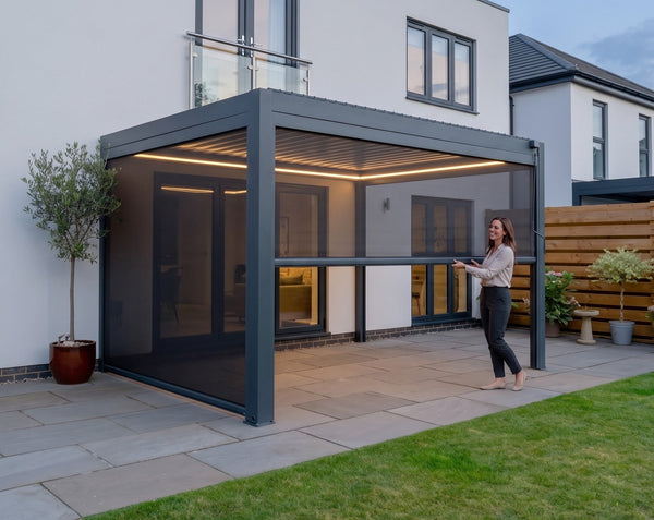 EdgeShade™ 3m x 4m Wall-Mounted Aluminium Pergola, Louvred Roof, RGBW LEDs & 3 Zip Windscreens - Grey
