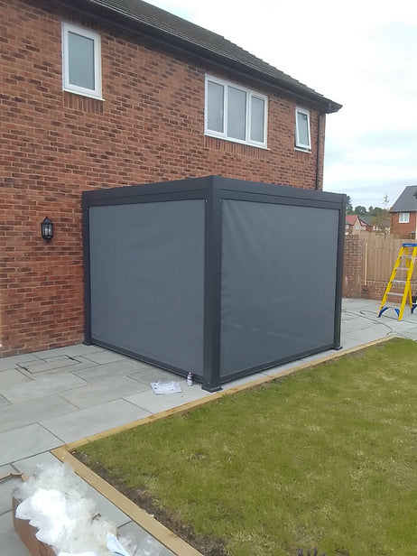 LuxShade™ 3x3m Aluminium Pergola with LEDs, Double-Layered Louvred Roof & 3 Blinds