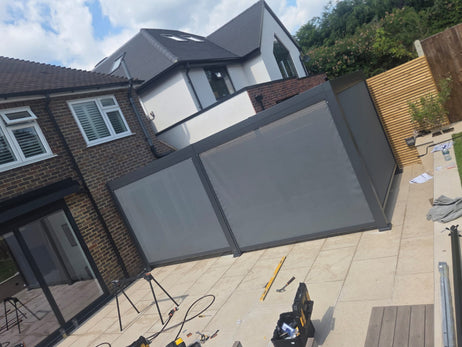SplitZone™ 3x6m Grey Aluminium Pergola with LEDs, Mid-Beam Louvred Roof & Blinds
