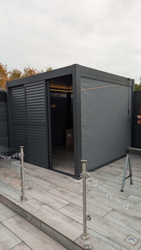 LuxShade™ 3x3m Aluminium Pergola with LEDs, Double-Layered Louvred Roof & 3 Blinds