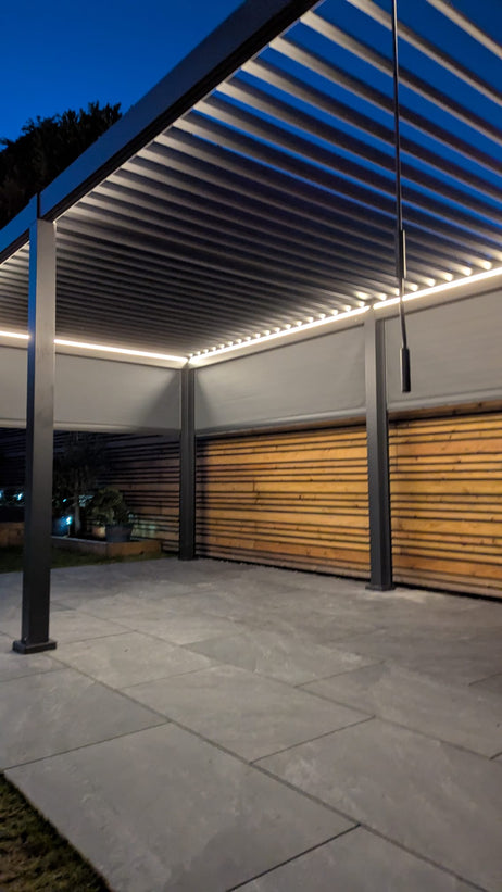 LuxShade™ 3x6m Aluminium Pergola with LEDs, Double-Layered Louvred Roof & Blinds