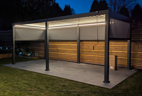LuxShade™ 3x6m Aluminium Pergola with LEDs, Double-Layered Louvred Roof & Blinds