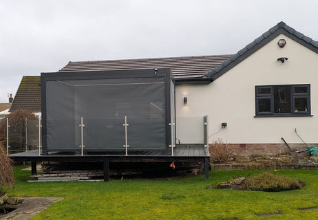 LuxShade™ 3x4m Aluminium Pergola with LEDs, Double-Layered Louvred Roof & 3 Blinds