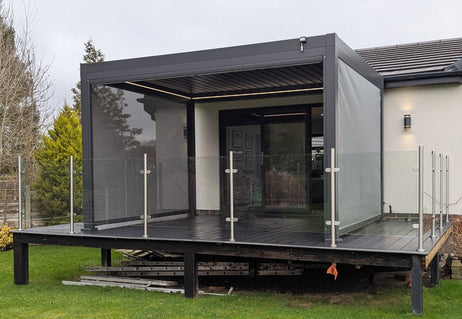 LuxShade™ 3x4m Aluminium Pergola with LEDs, Double-Layered Louvred Roof & 3 Blinds