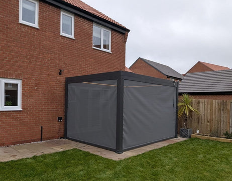 LuxShade™ 3x4m Aluminium Pergola with LEDs, Double-Layered Louvred Roof & 3 Blinds