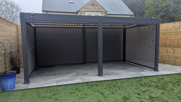 LuxShade™ 3x6m Aluminium Pergola with LEDs, Double-Layered Louvred Roof & Blinds