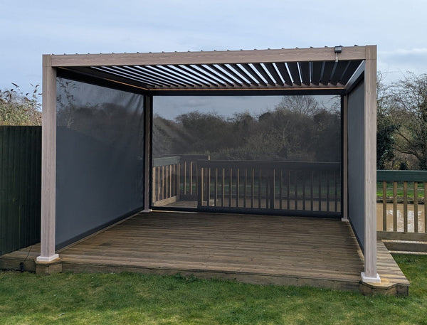 LuxShade™ 3x4m Aluminium Pergola - LEDs, Double-Layer Louvres & 3 Windscreens - Oak Effect
