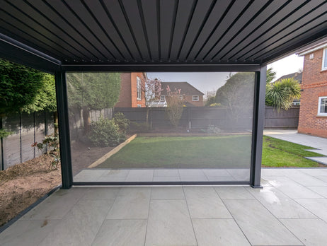 LuxShade™ 4x4m Aluminium Pergola with LEDs, Double-Layered Louvred Roof & 3 Blinds