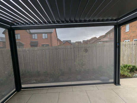LuxShade™ 3x4m Aluminium Pergola with LEDs, Double-Layered Louvred Roof & 3 Blinds